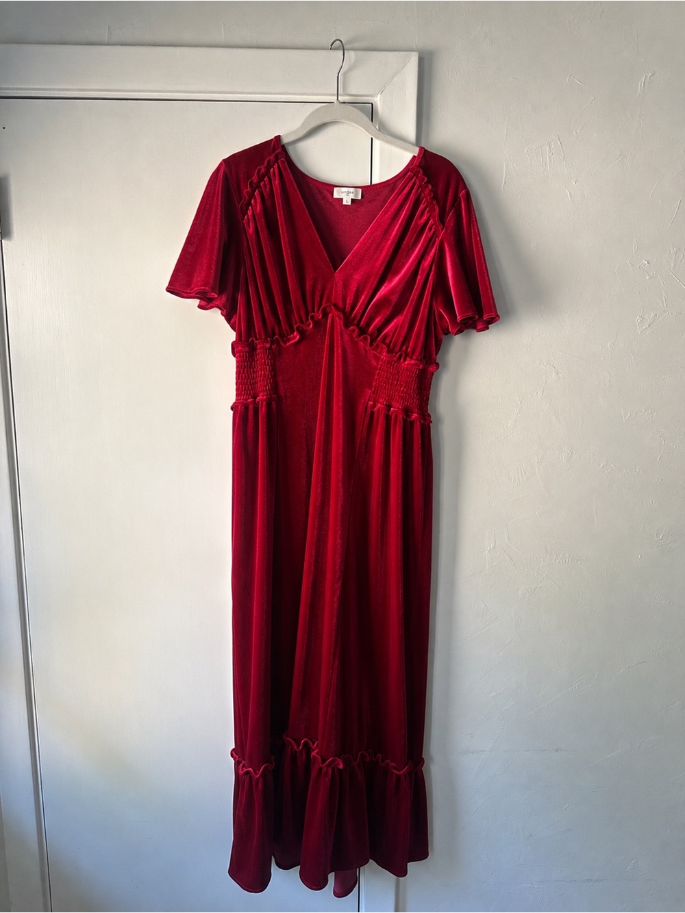 Umgee Red Velvet Midi Dress | V-Neck | Flutter Sleeve & Hem